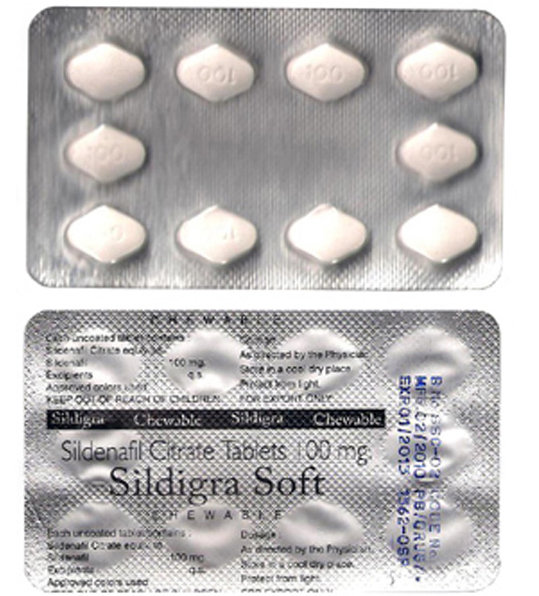 Sildigra Chewable sildenafil citrate 100 mg tablets, made by RSM Pharmaceuticals. Perfect for when you don't have a glass of water handy.
