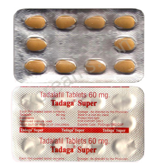 Tadaga Super tadalafil 60 mg tablets. Made by RSM Pharmaceuticals. Triple the dose of 20 mg tadalafil.